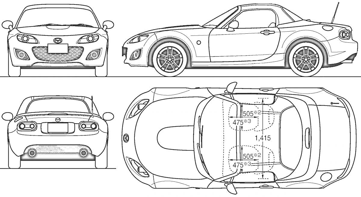 Раскраска Вид различных ракурсов Mazda Miata - передний, задний, боковой и вид сверху с указанием размеров