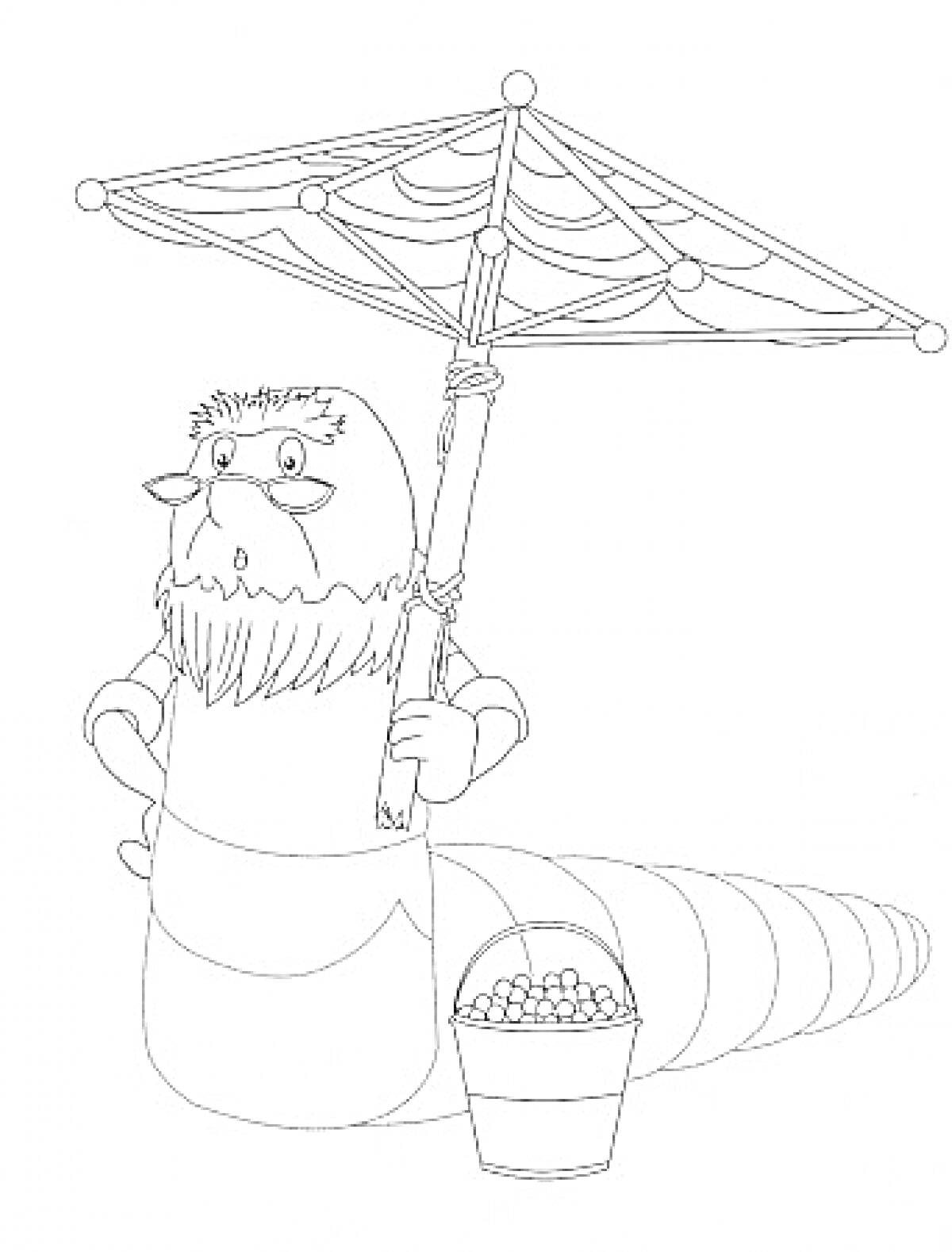 Раскраска Лунтик. Дед Шер в очках держит зонтик и стоит рядом с ведром