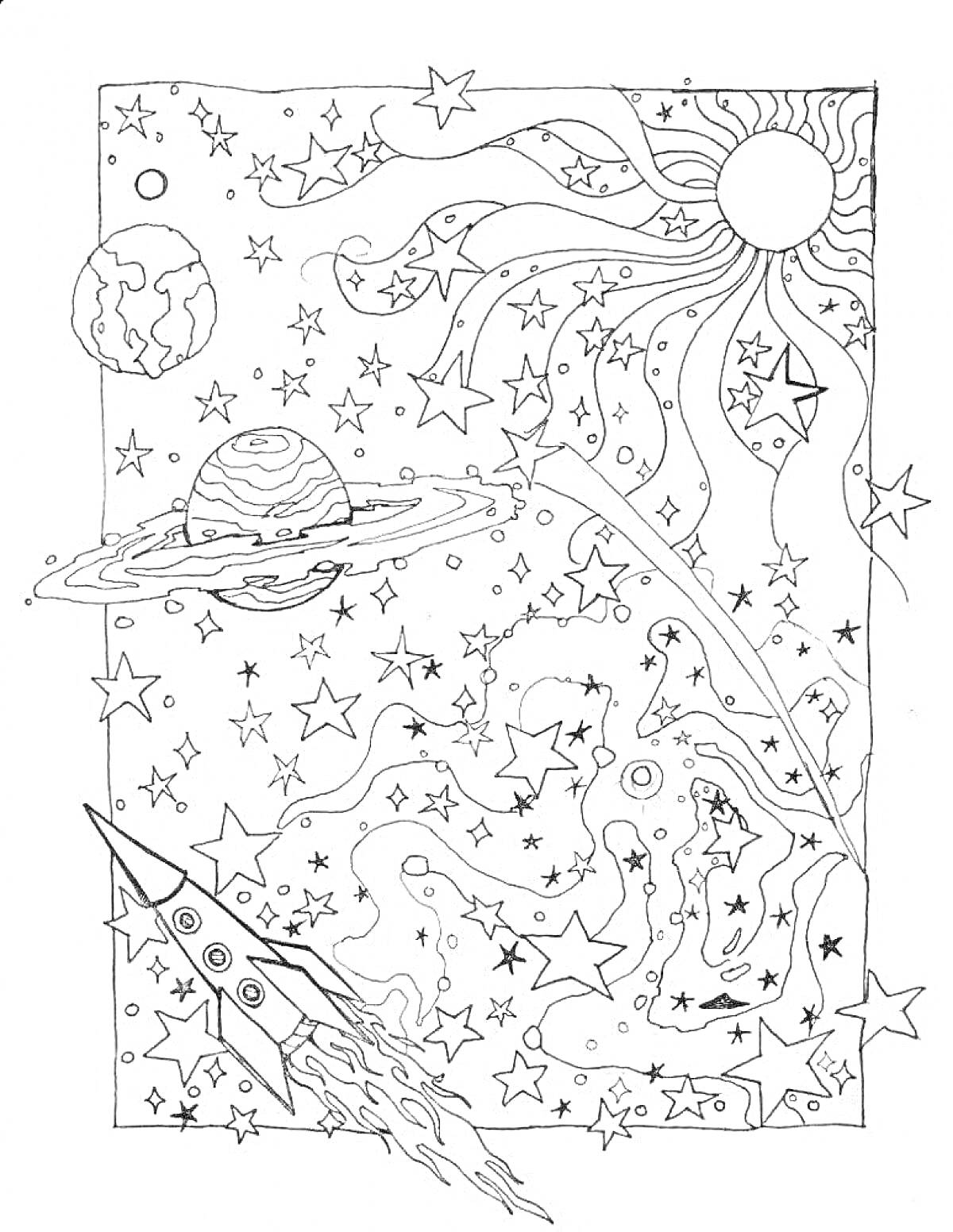 Раскраска Галактическая сцена с космическим кораблем, планетами, звездами и созвездиями