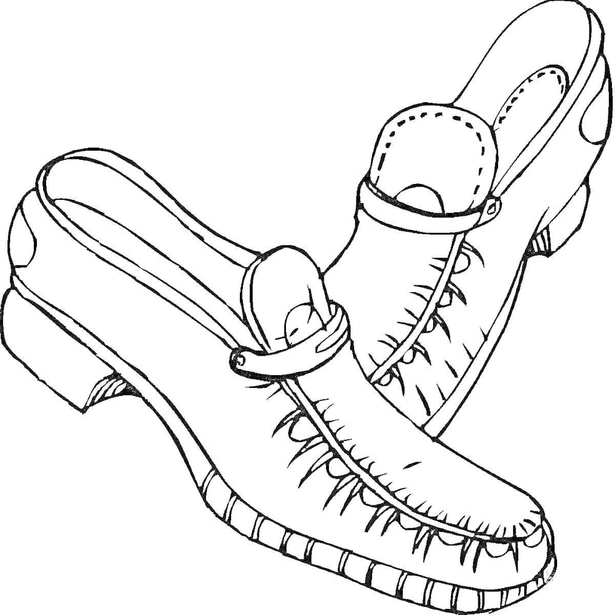 Раскраска пара туфлей на каблуке с декоративной строчкой и ремешками