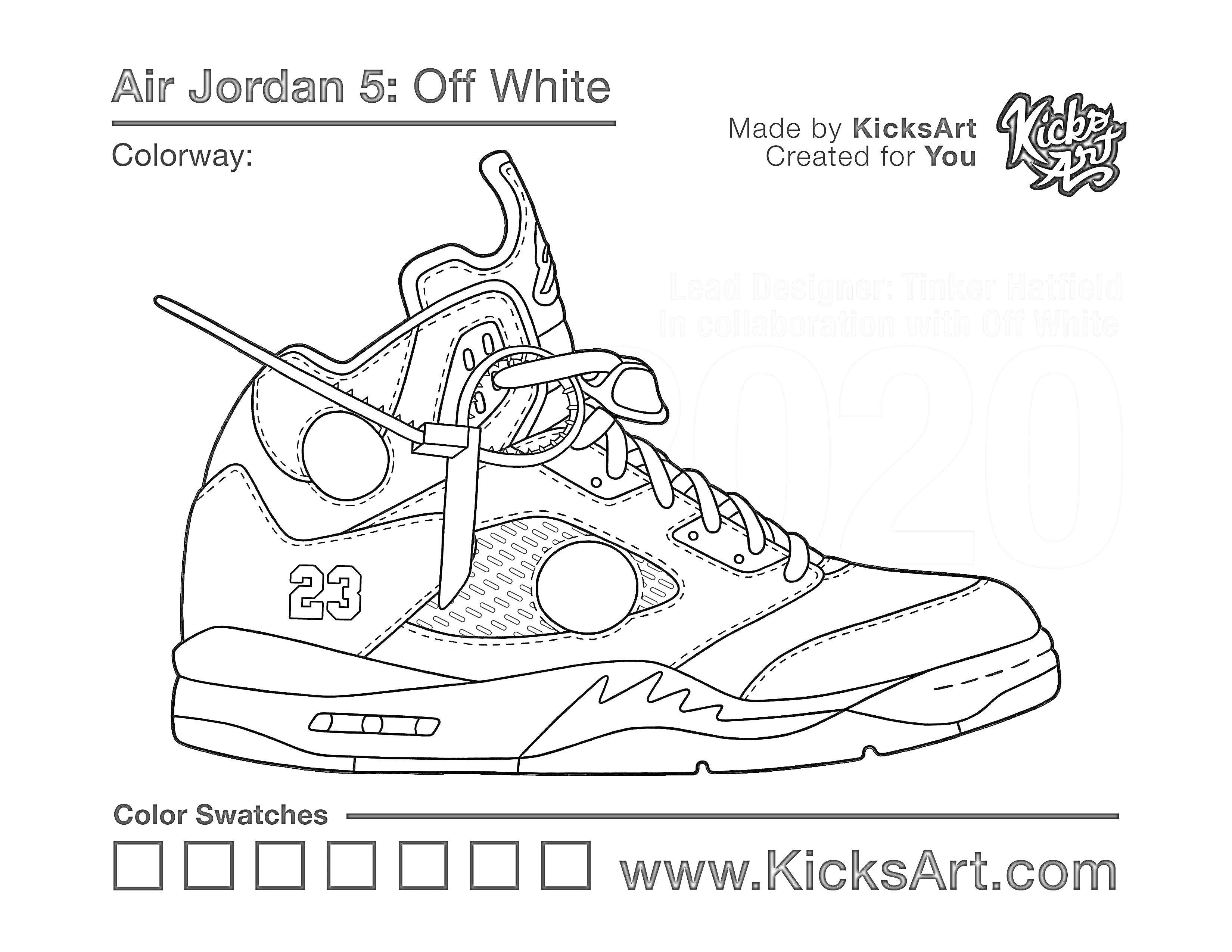 Раскраска Air Jordan 5: Off White с элементами номера 23, окантовки, шнурков и логотипа KicksArt