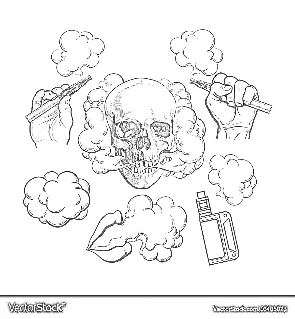 На раскраске изображено: Череп, Вейп, Парение, Пара, Курение, Облако дыма