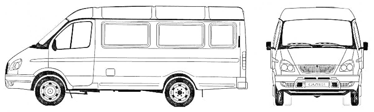 На раскраске изображено: Газель, Микроавтобус, Передняя проекция