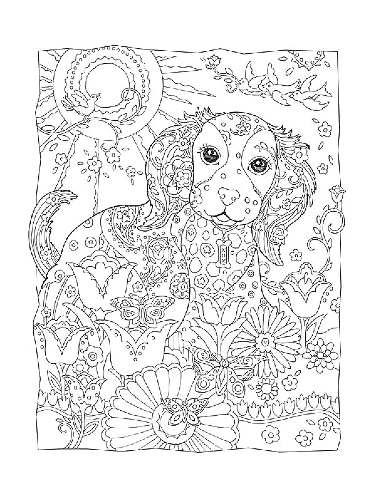 Раскраска Антистресс собака среди цветов с бабочками и птицами