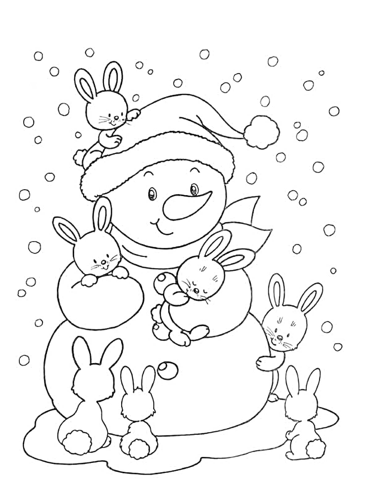Раскраска Снеговик с зайцами и снежинками