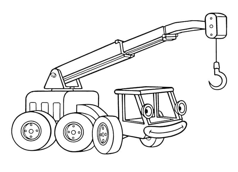 Раскраска Подъемный кран с лицом, кабиной, колесами и крюком