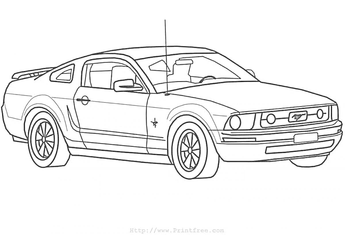 Раскраска с изображением автомобиля Ford Mustang, обозначенная антенна, колеса, фары, окна, бампер, дверные ручки и значок на передней решетке.