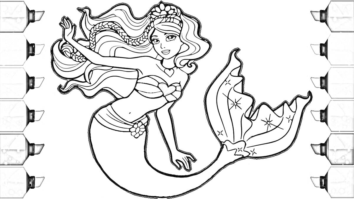 Раскраска Барби русалка с длинными волосами, короной, сердцем на груди, украшением на поясе и плавником с узором