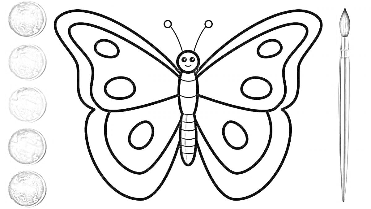 Раскраска Бабочка с кружками на крыльях, расположенная рядом с набором из пяти цветов и кистью