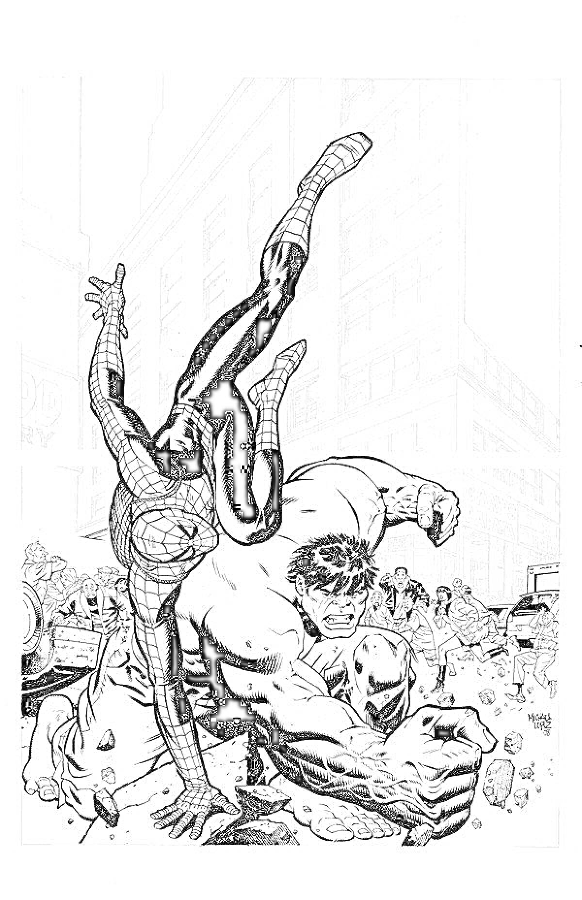 На раскраске изображено: Халк, Человек-паук, Драка, Супергерои, Обломки, Толпа, Комиксы