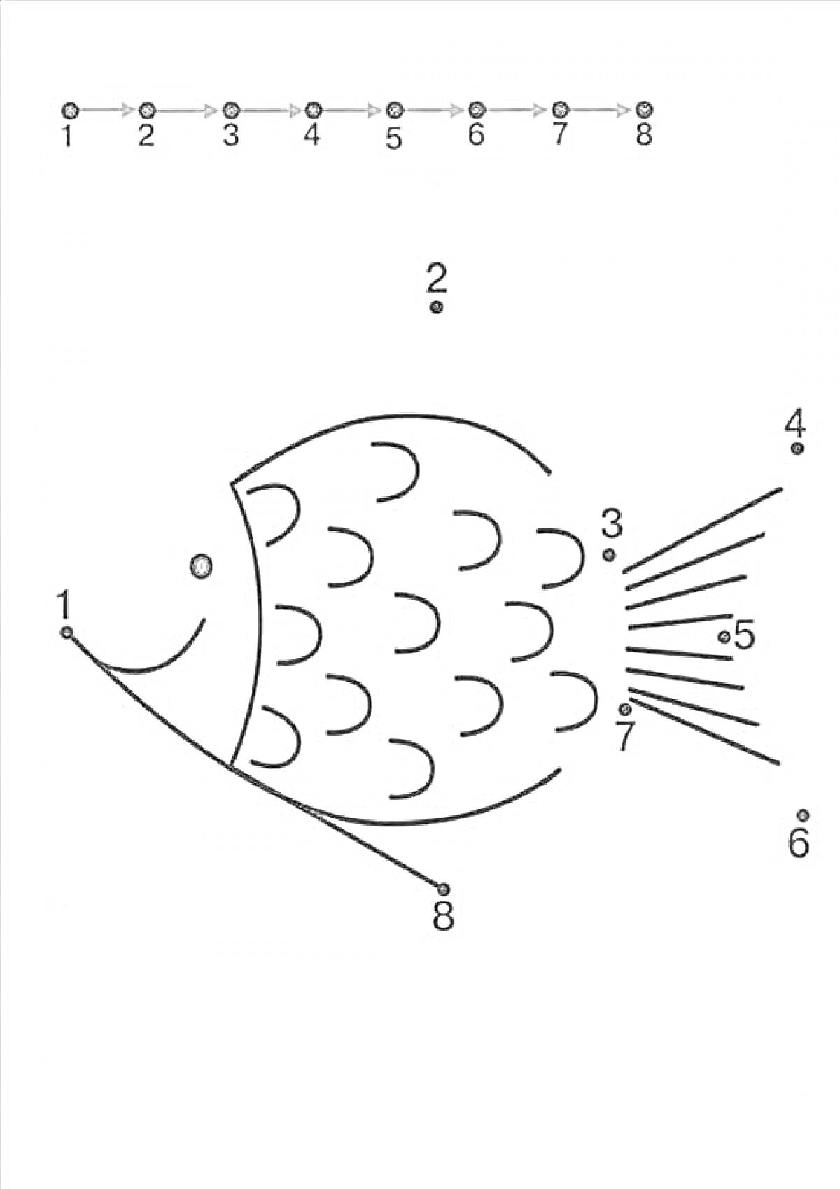 Раскраска Рыбка по точкам и цифрам от 1 до 8