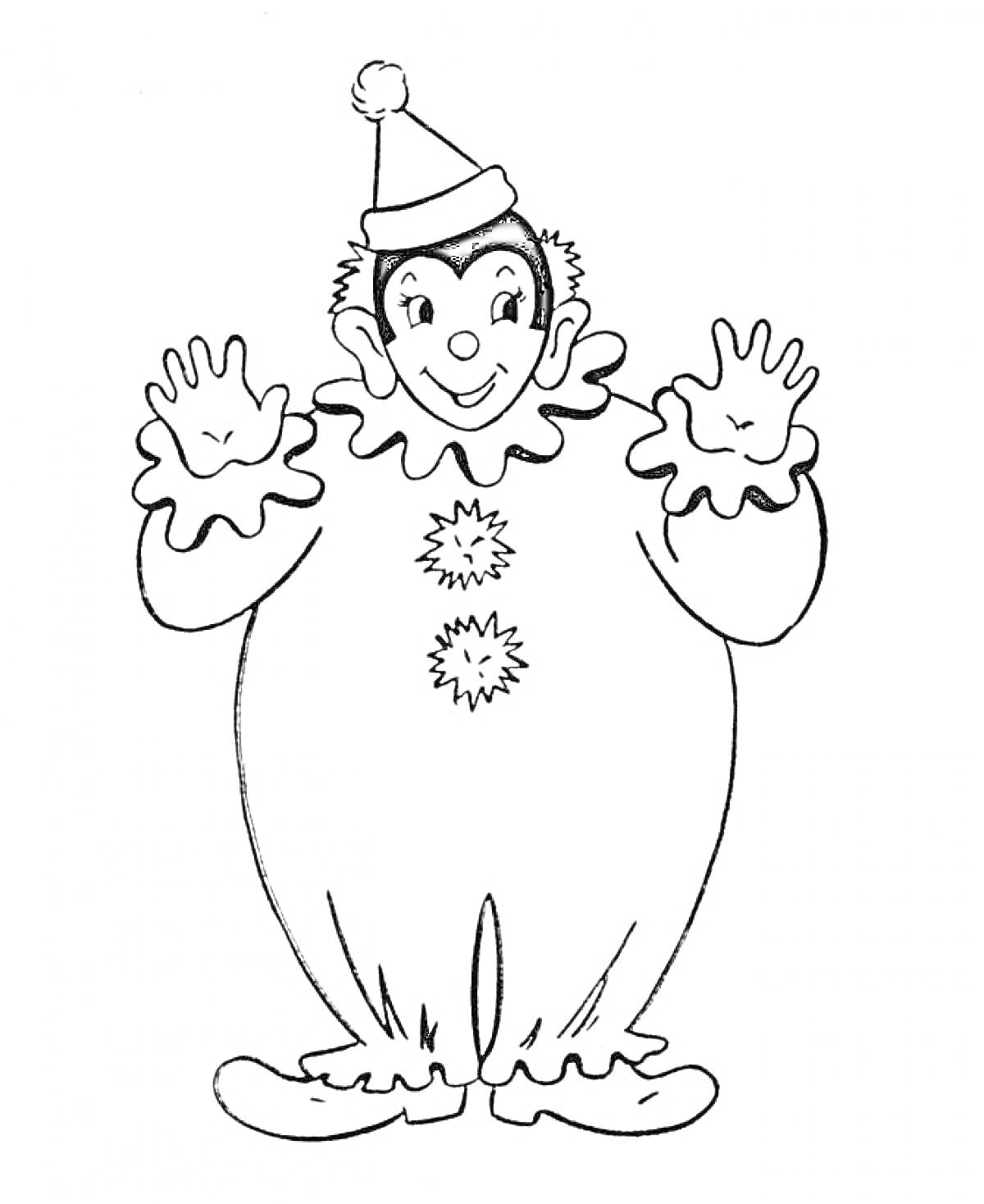 Клоун в шапочке с кисточкой, стоящий с поднятыми руками