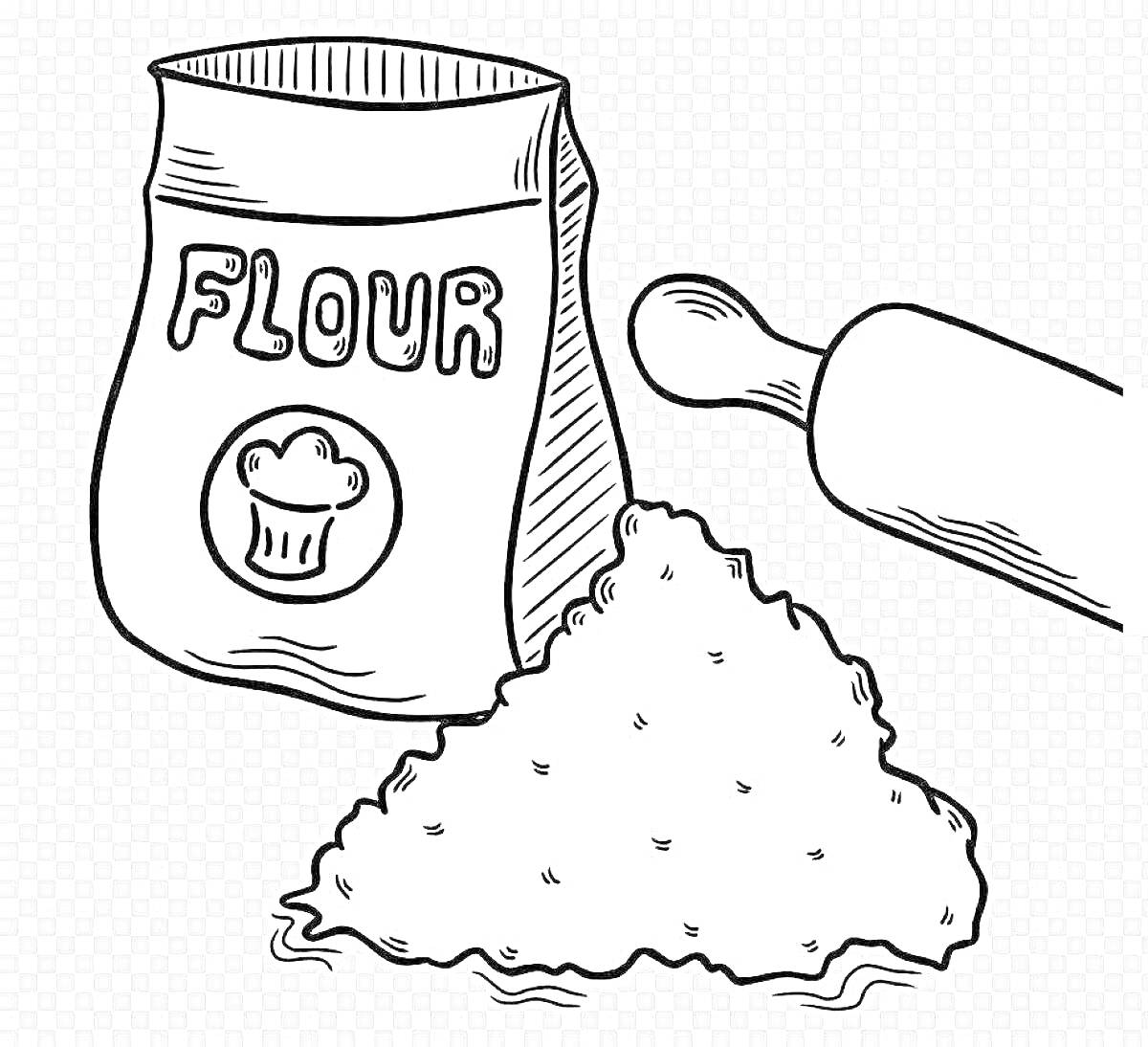 Раскраска Мешок с мукой, горка муки и скалка