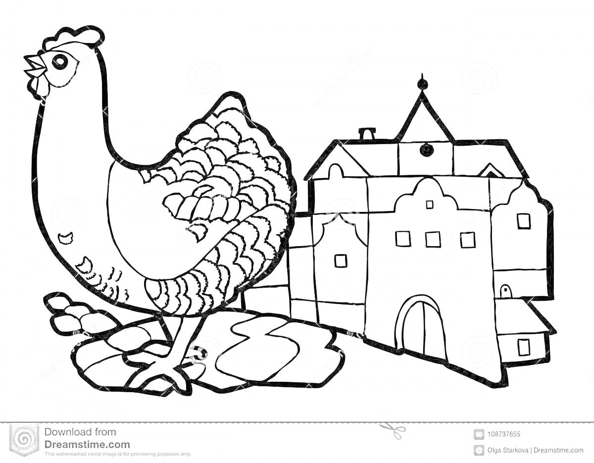 На раскраске изображено: Замок, Из сказок, Курицы