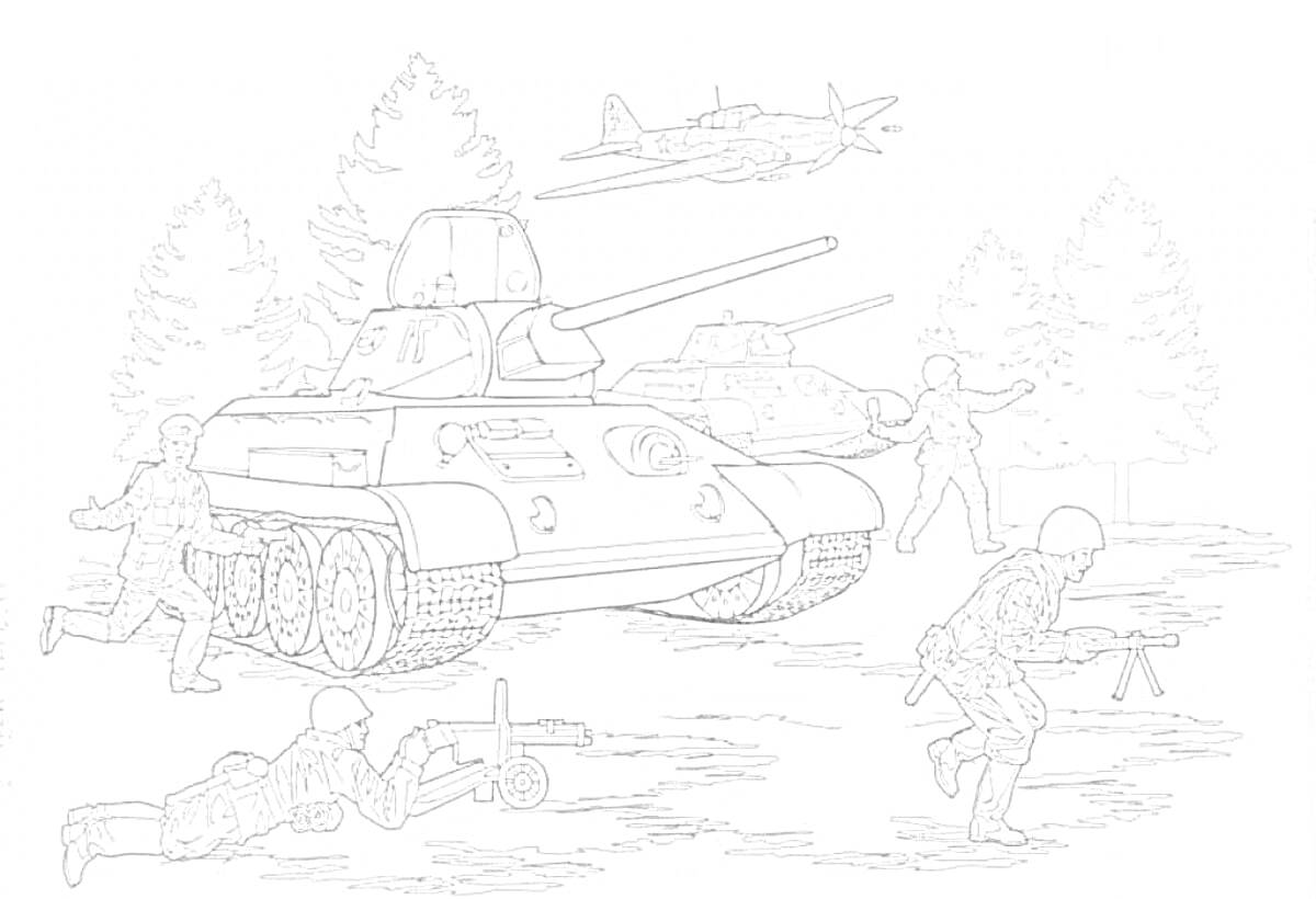 На раскраске изображено: Битва за Сталинград, Танк, Самолеты, Бой, Пехота, Военная техника, Лес