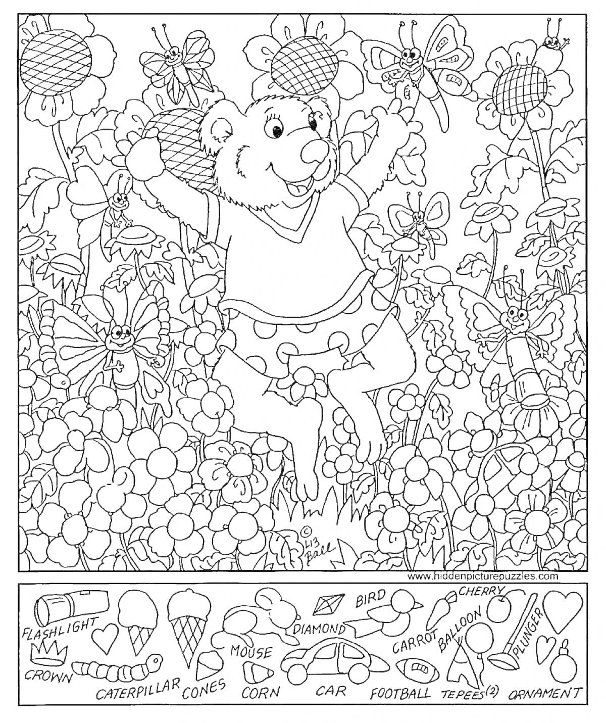 На раскраске изображено: Медведь, Цветы, Предметы, Поиск, Корона, Кора, Мышь, Конусы, Кукуруза, Бриллиант, Птица, Футбольный мяч