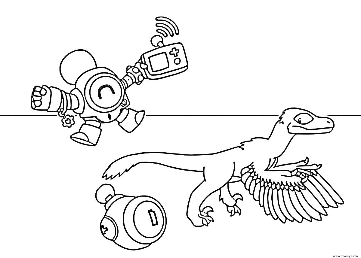 На раскраске изображено: Нани, Бравл Старс, Геймпад, Динозавр, Крылья