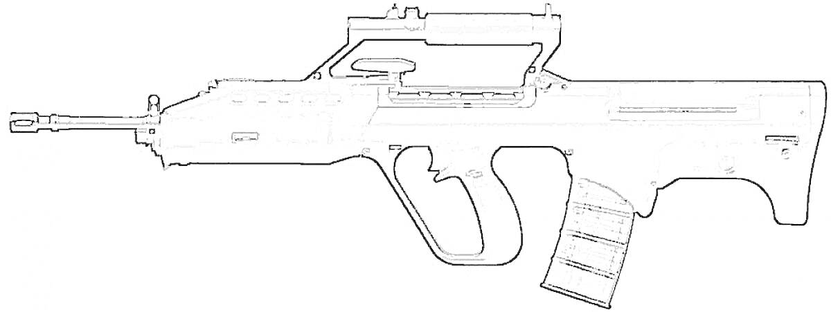 Раскраска Штурмовая винтовка с прицелом, длинным стволом, спусковым крючком и съемным магазином