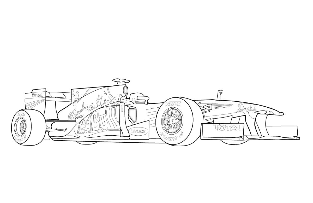 На раскраске изображено: Формула 1, Антикрыло, Колёса, Гоночный болид