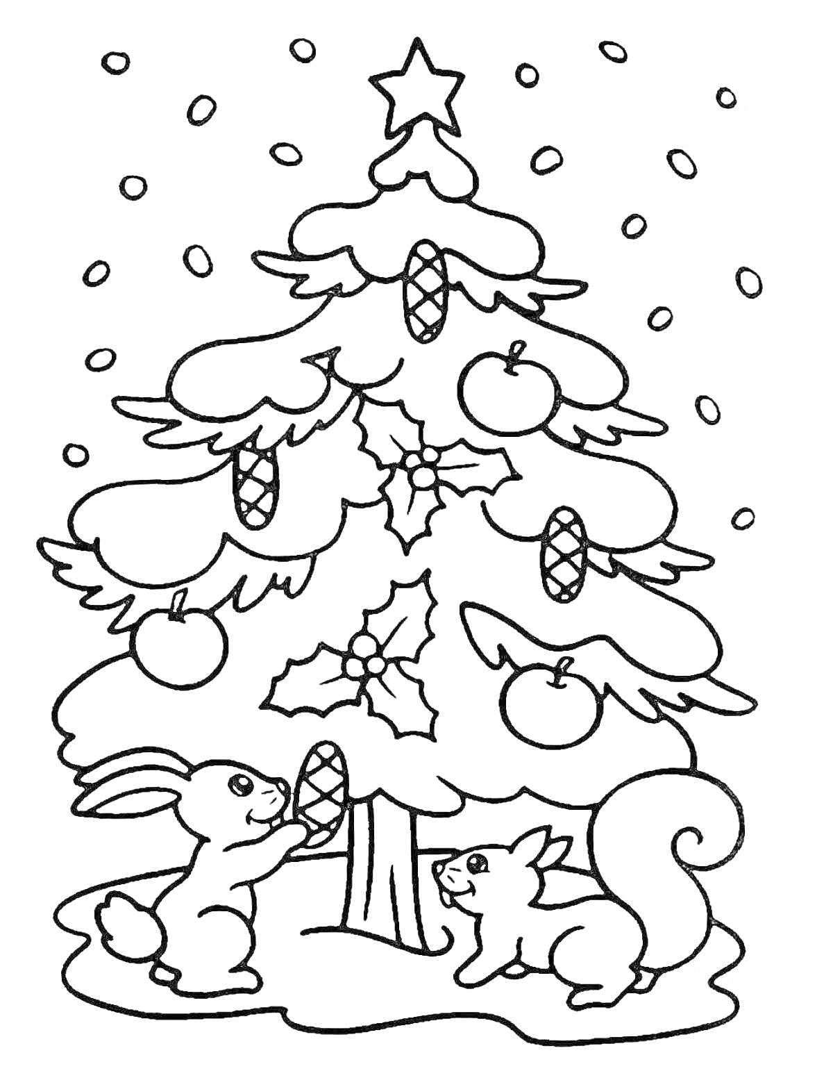 Раскраска Елка, украшенная яблоками и шишками, с кроликом и белкой у основания, на фоне падающего снега
