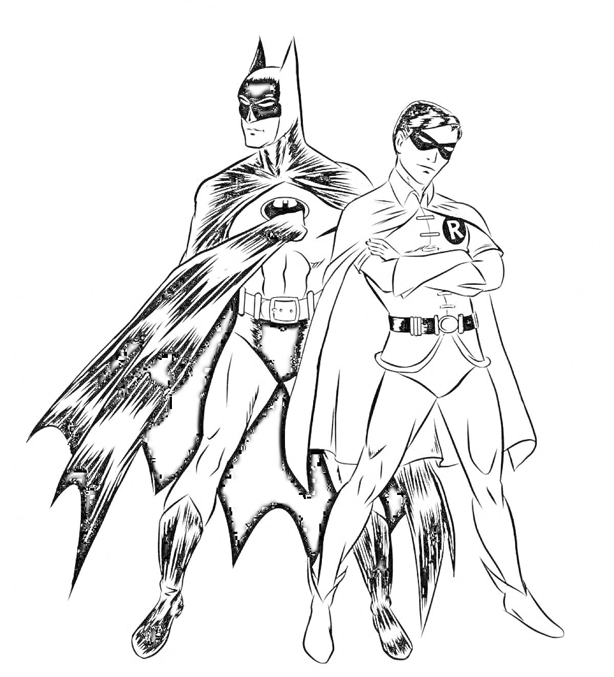 Раскраска Бэтмен и Робин стоят рядом, костюмы с плащами, маски на лицах
