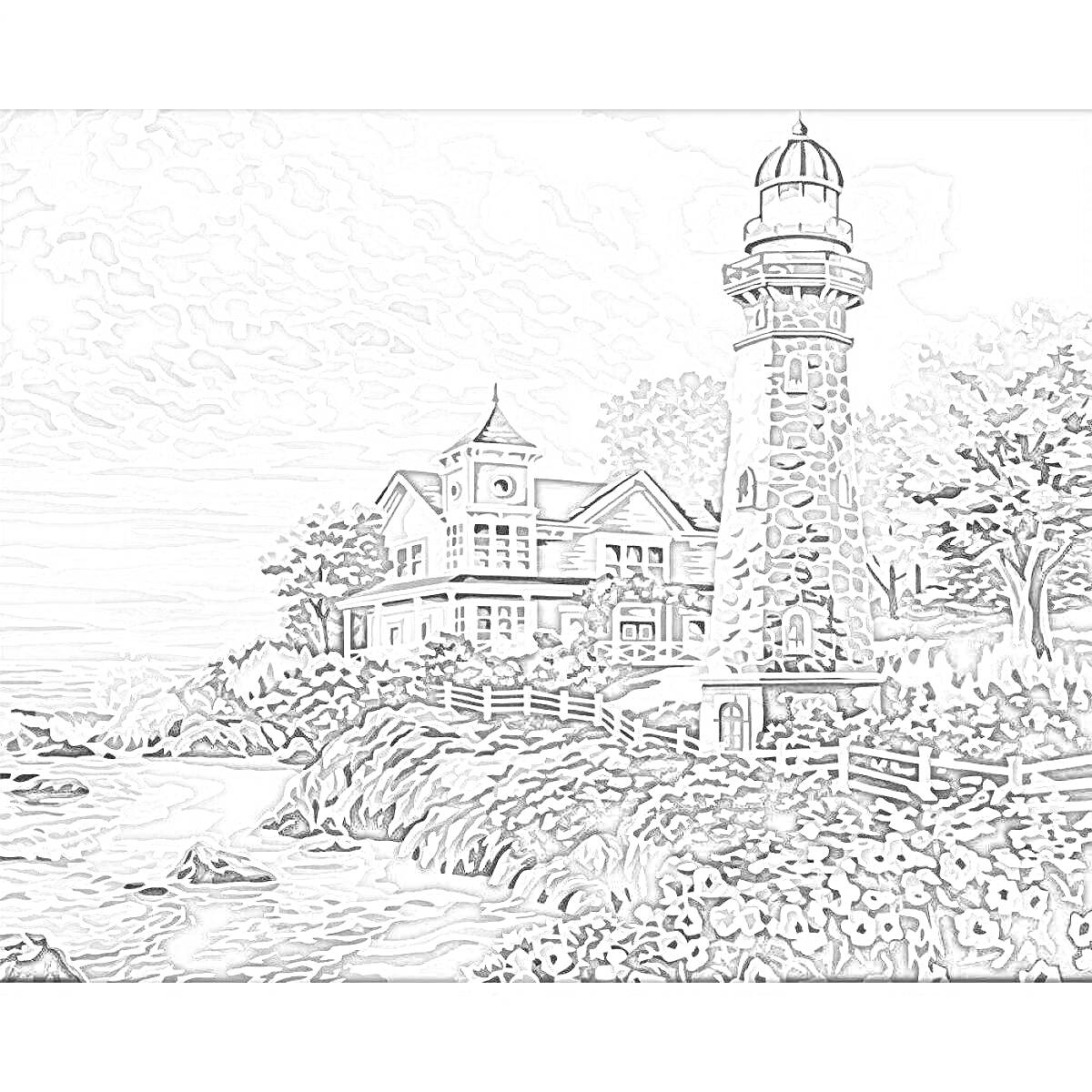 Раскраска Дом и маяк на морском побережье с цветущими растениями, скалами и ограждением
