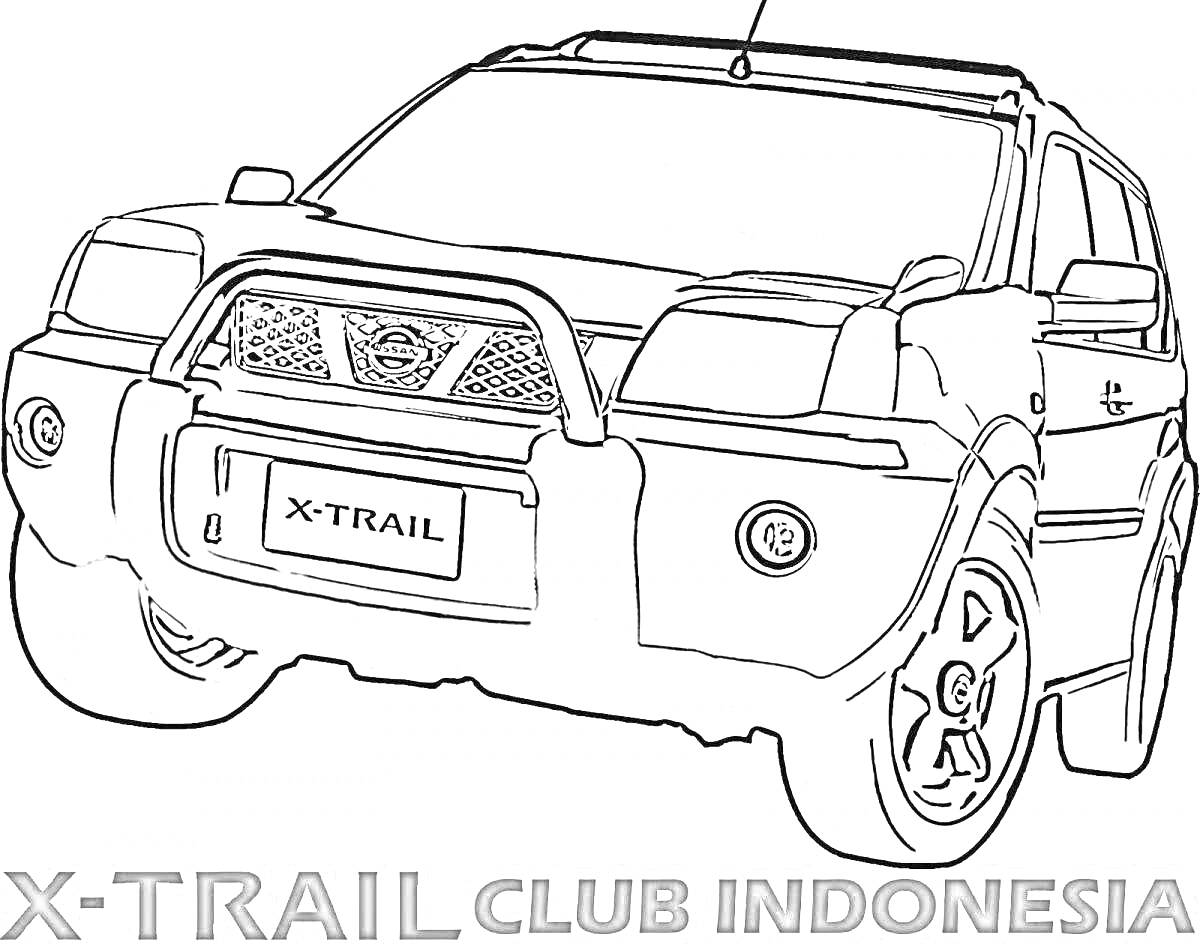 Раскраска Nissan X-Trail с его элементами, вид спереди, текст 'X-TRAIL CLUB INDONESIA' внизу