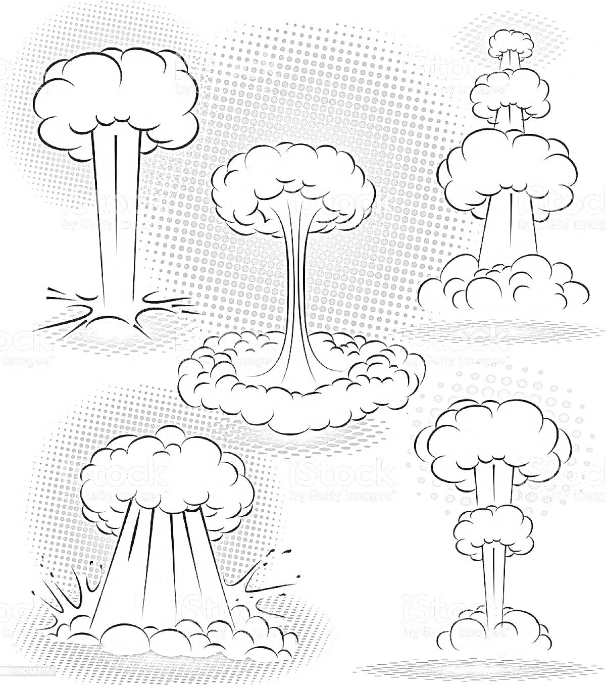 Раскраска Иллюстрации ядерных взрывов с образованием грибовидных облаков