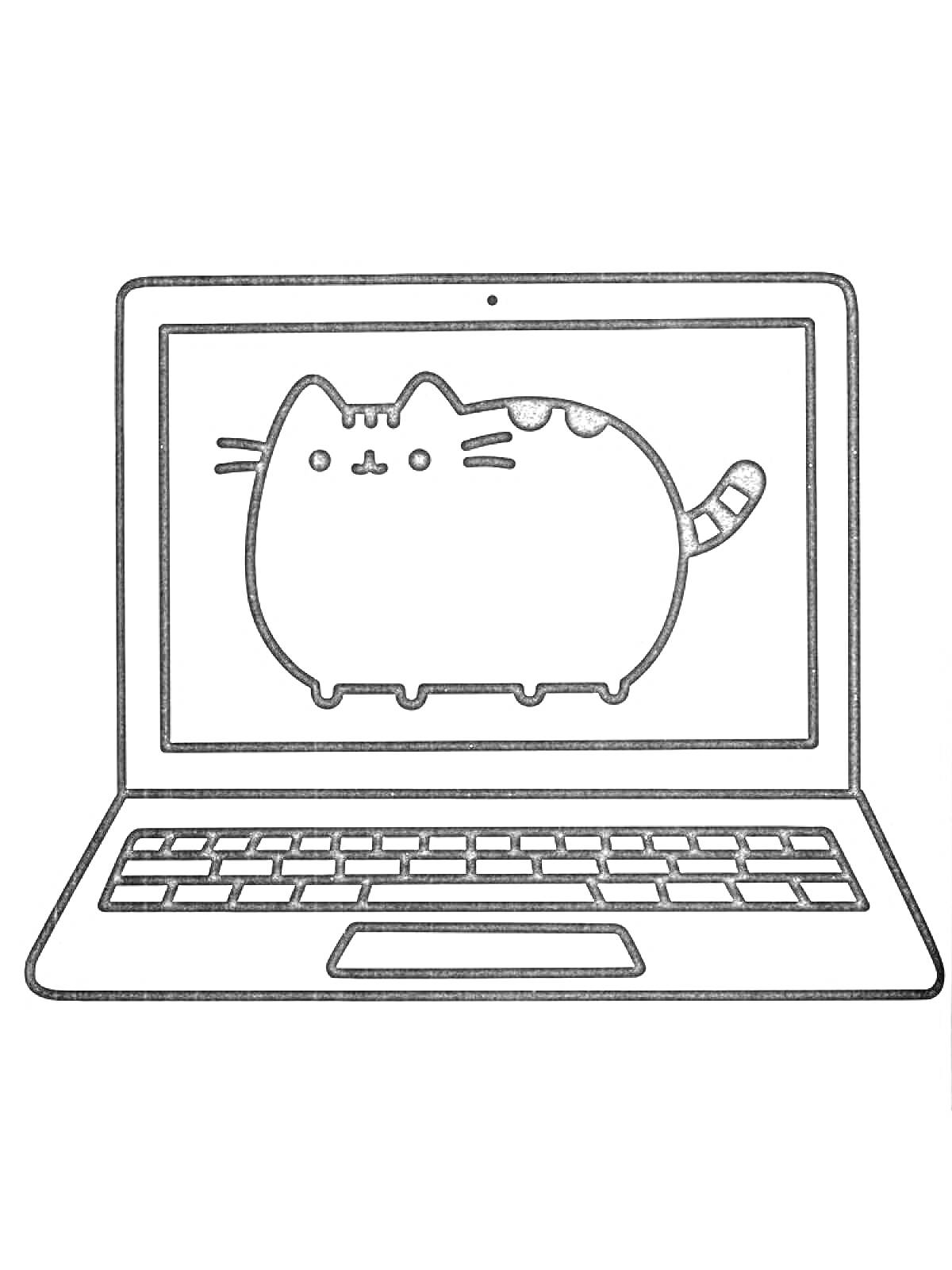 На раскраске изображено: Кот, Ноутбук, Экран, Клавиатура, Компьютер, Животные, Интернет, Мультяшный кот, Милый кот, Кот Леопольд