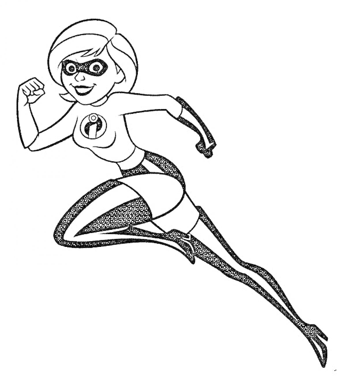 Женщина в супергеройском костюме с логотипом, в прыжке, в маске