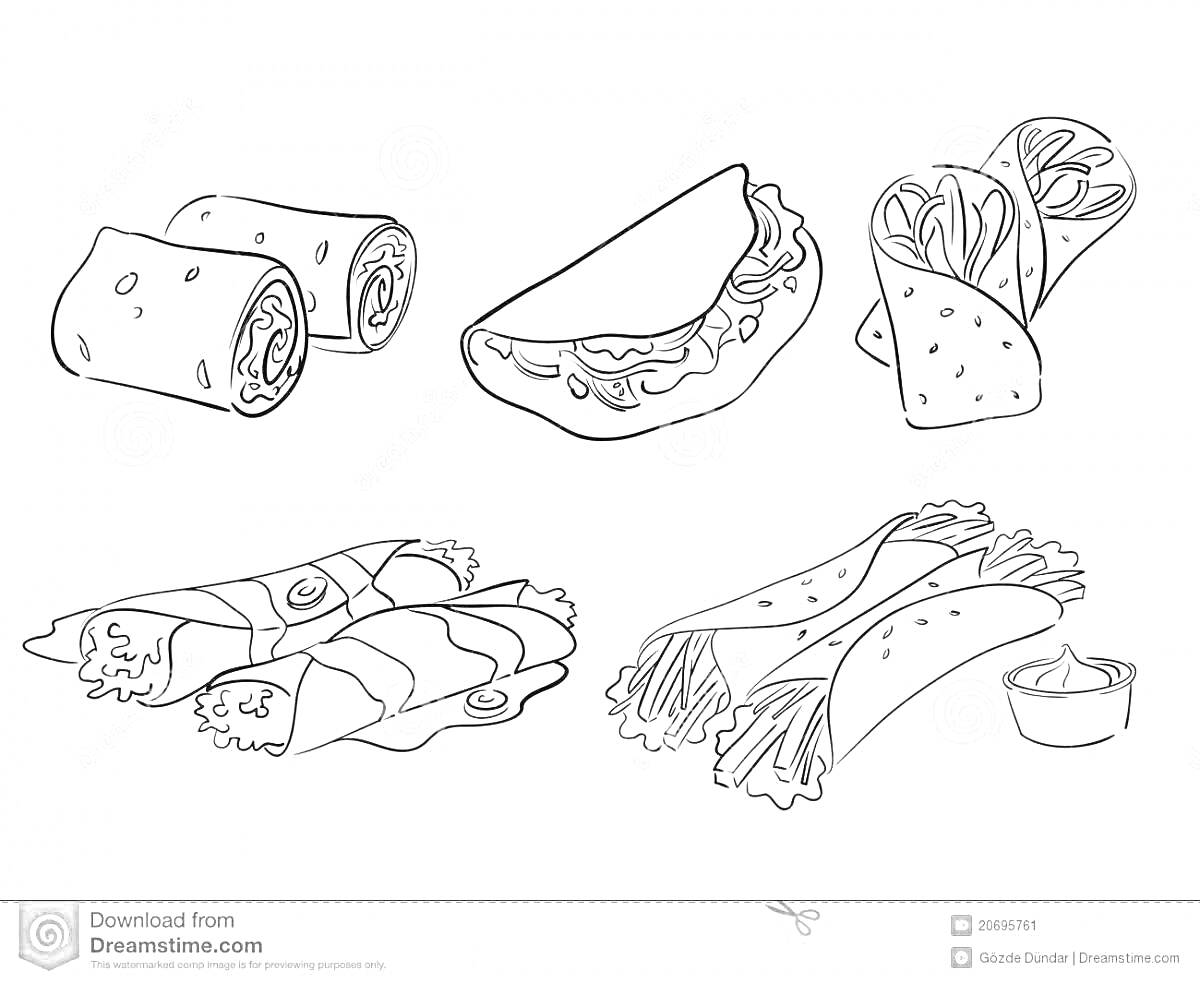 Раскраска Различные виды лаваша: роллы с начинкой, лепешка с овощами и зеленью, завернутые конусы с начинкой, рулетики из лаваша, тонкие рулеты из лаваша с соусом