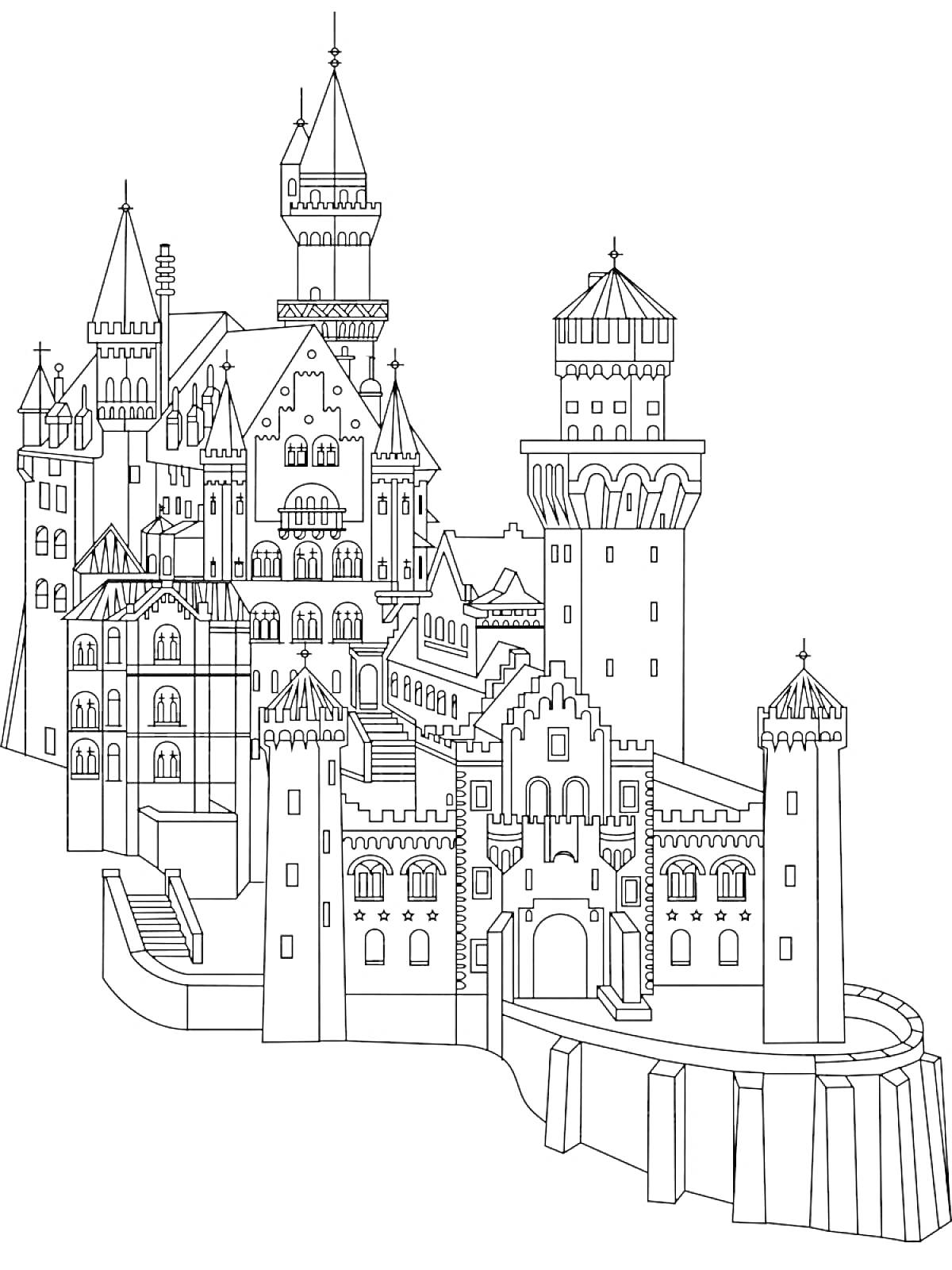 На раскраске изображено: Замок, Башни, Крепость, Архитектура, Средневековье, Лестница, Стена