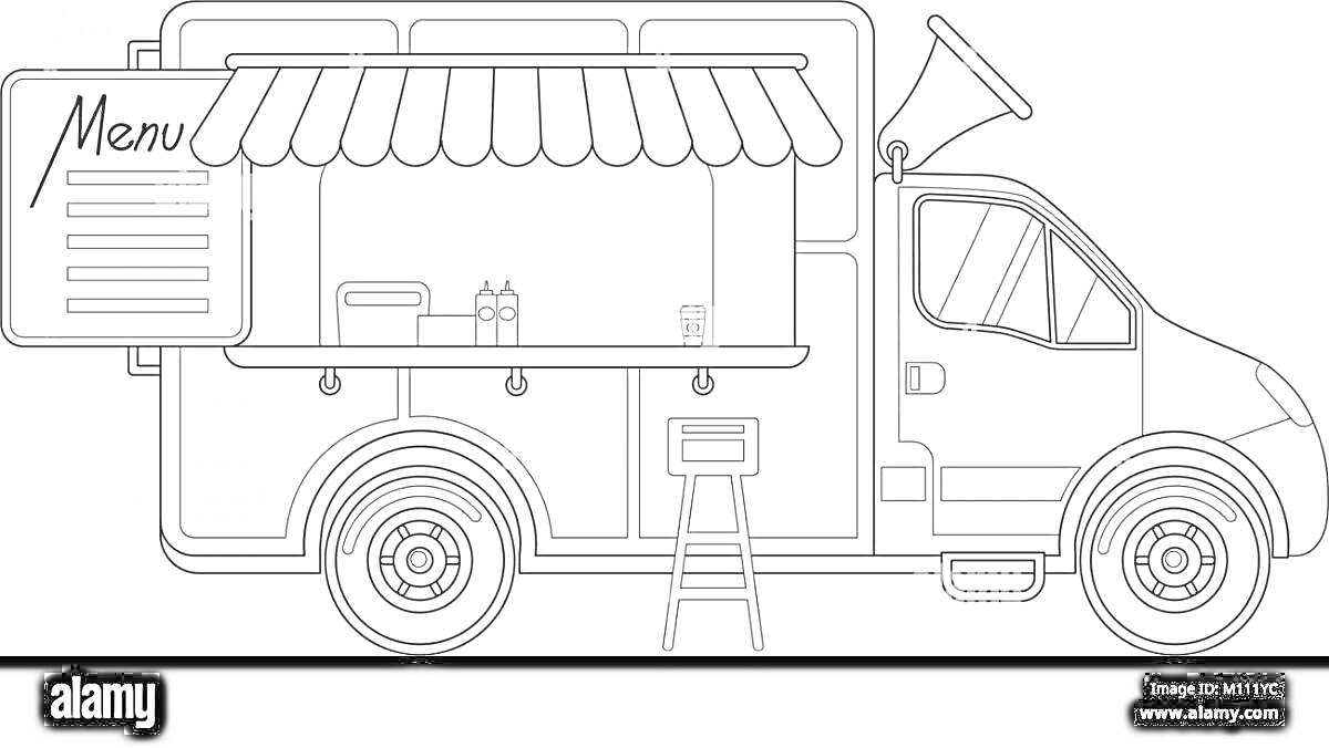 Раскраска Фургон мороженщика с зонтом, меню, окошком выдачи, лестницей и громкоговорителем