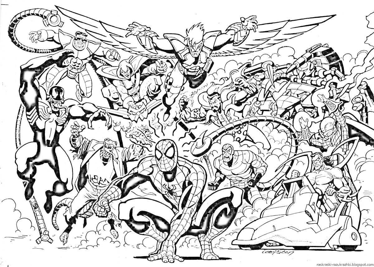 Раскраска Герои и злодеи Марвел. На изображении присутствуют многочисленные персонажи, включая Человека-паука на переднем плане, героев с крыльями, персонажей с механическими руками и ногами, а также различных злодеев в эпических позах.