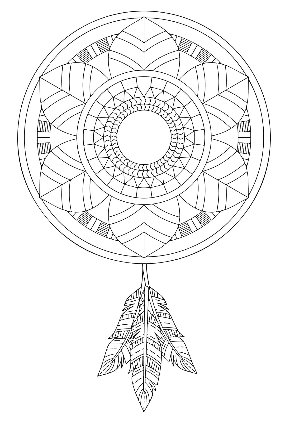 Раскраска Легкая мандала с кругом в центре, геометрическими узорами и двумя перьями внизу