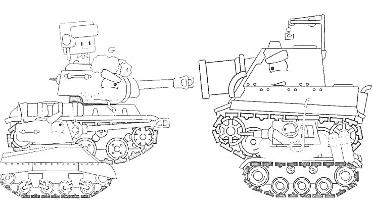Раскраска Два мультяшных танка с человечками на башнях, бой танков с длинными пушками, гусеницы с детализацией