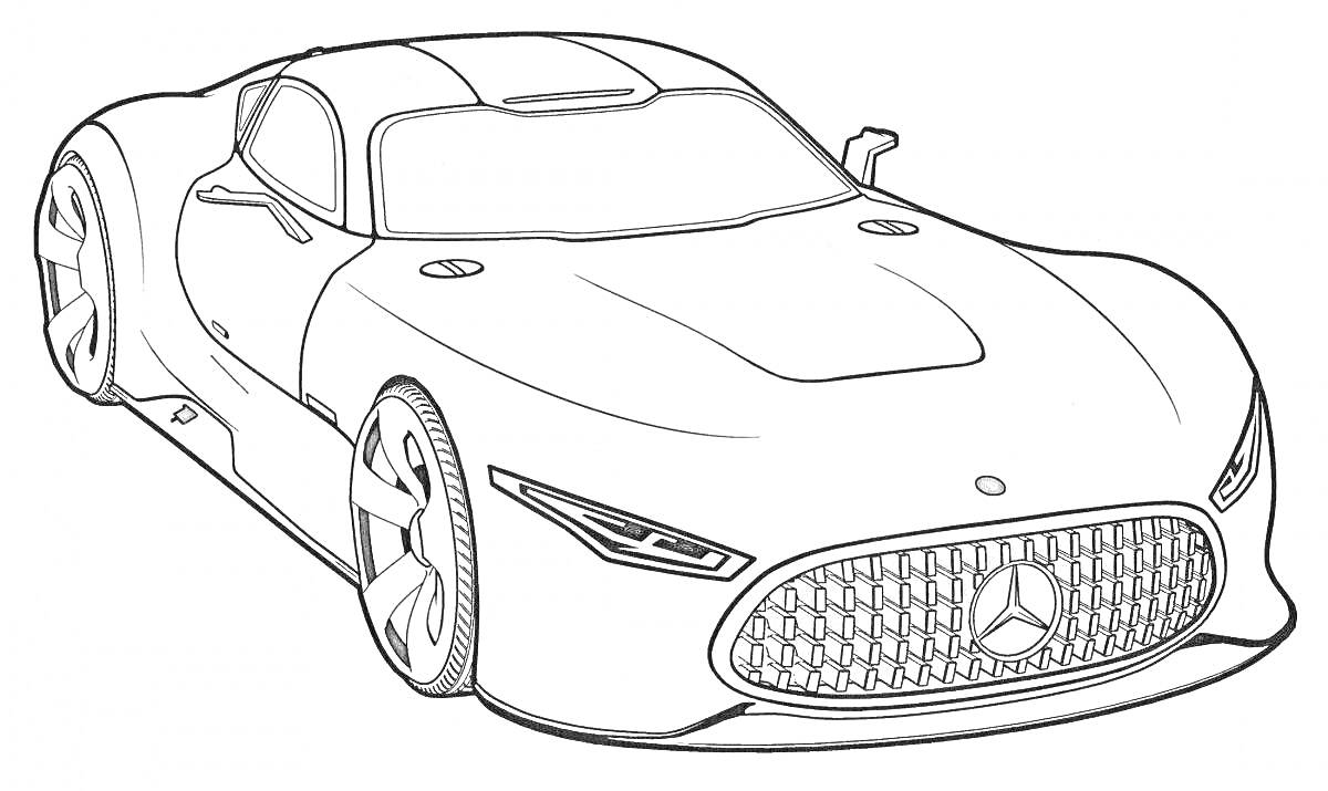 Раскраска Новый Mercedes-Benz с агрессивным спортивным дизайном, узнаваемой решеткой радиатора, большими колесами и аэродинамическим кузовом