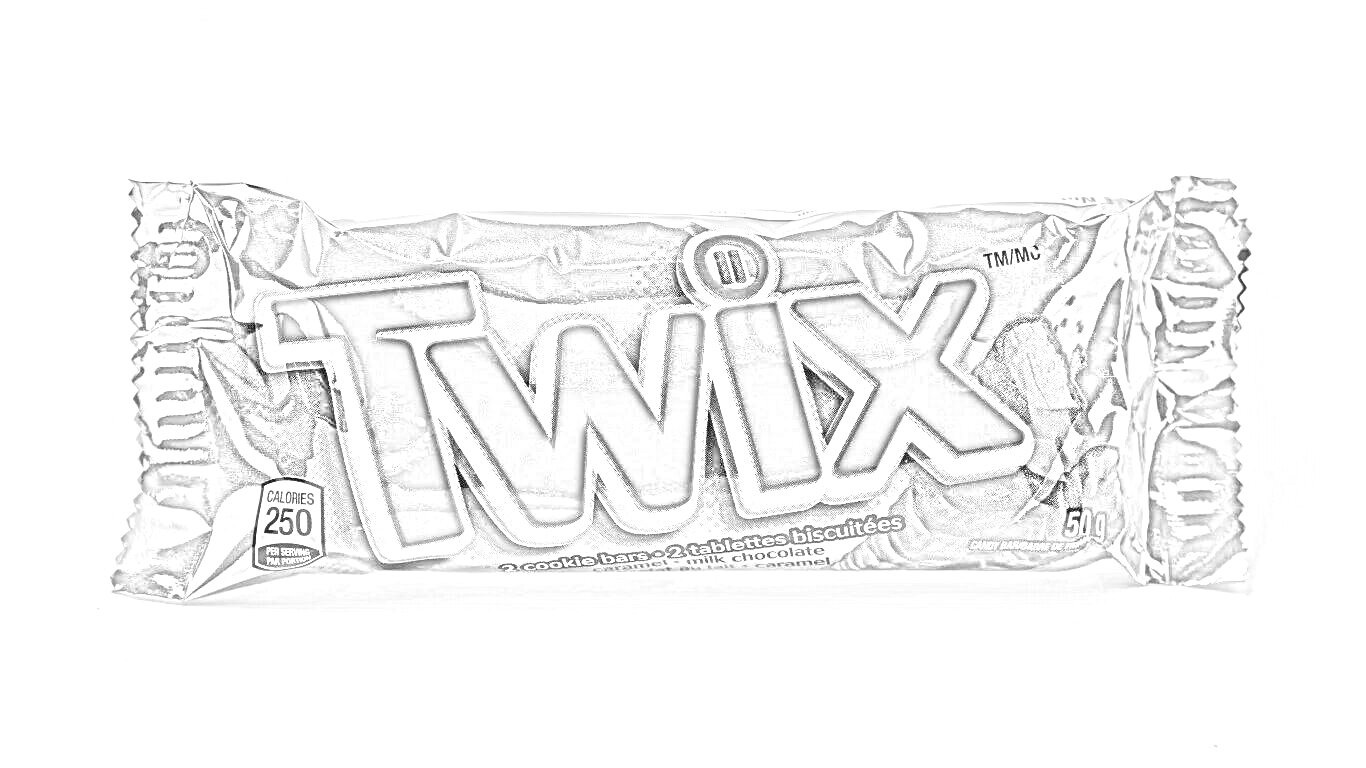 Раскраска Обертка батончика Twix с логотипом и изображением шоколадного батончика