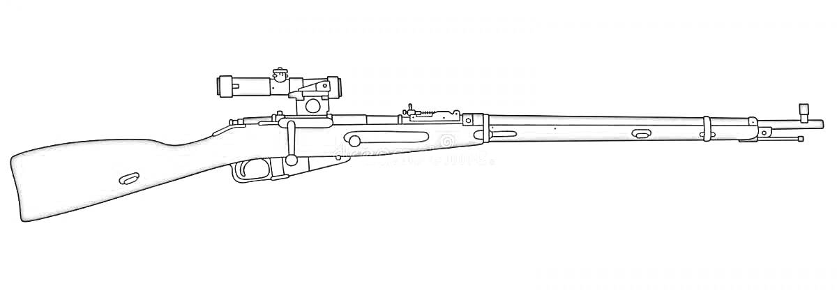 На раскраске изображено: Винтовка Мосина, Оружие, Снайперская винтовка, Оптический прицел, Штык, Военная техника, Контурные рисунки