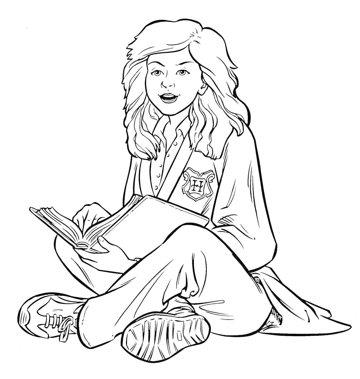 Раскраска Гермиона с книгой, сидящая на полу