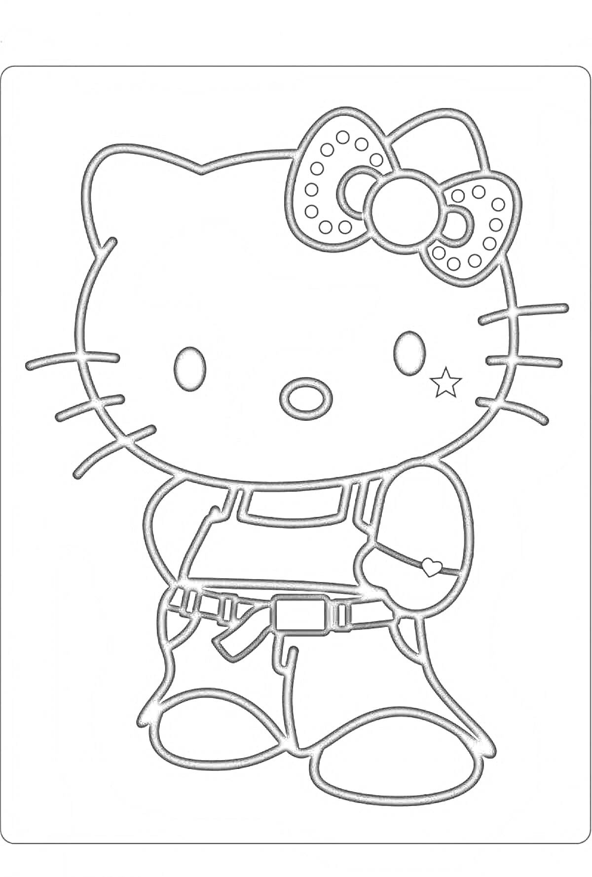 Раскраска Hello Kitty в комбинезоне с бантом и звездочкой на щеке