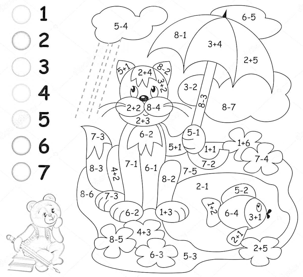 Раскраска Кот с зонтом, черепаха и облака под дождем, простые математические примеры на сложение и вычитание в пределах 20