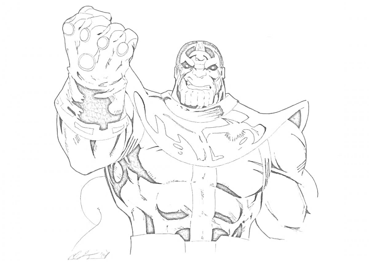 Танос с поднятой рукой и Перчаткой Бесконечности