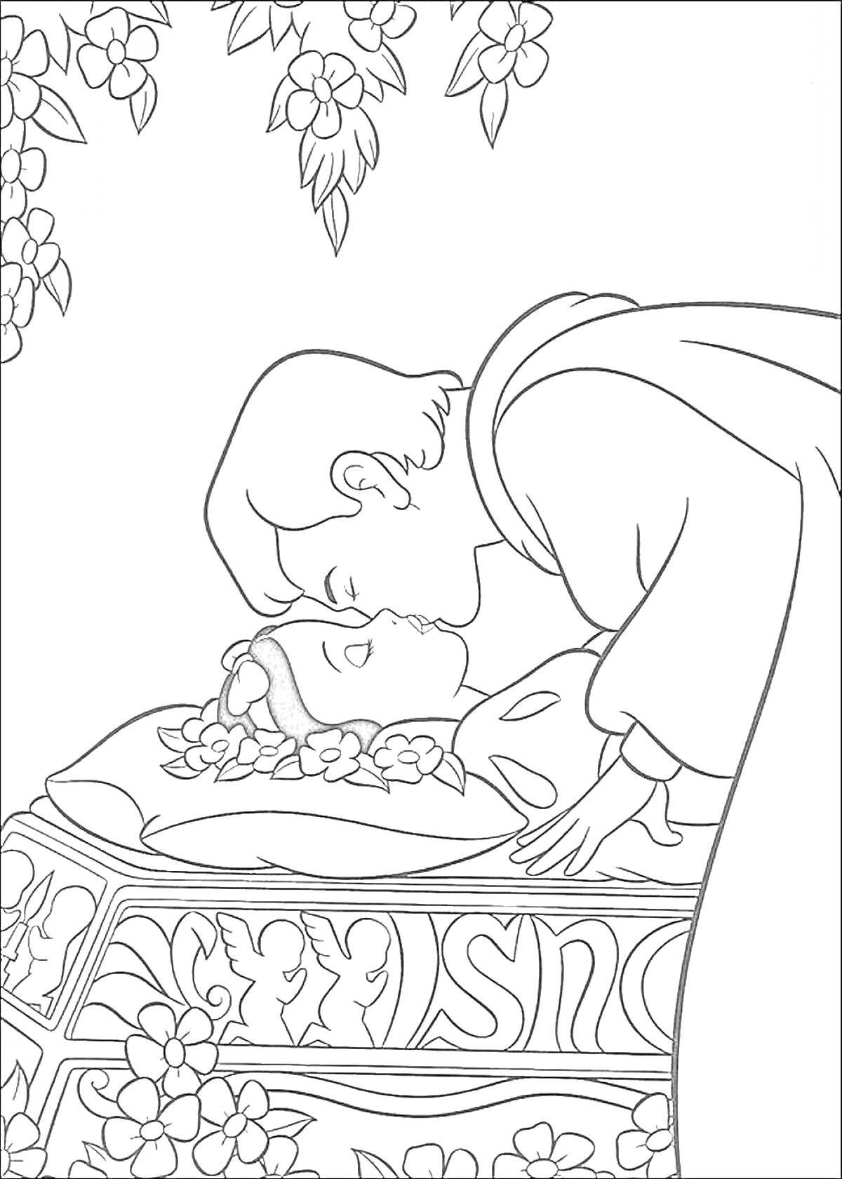 Раскраска Принц целует Белоснежку, лежащую в гробу, окруженном цветами и украшениями, с ангелами на боковых панелях