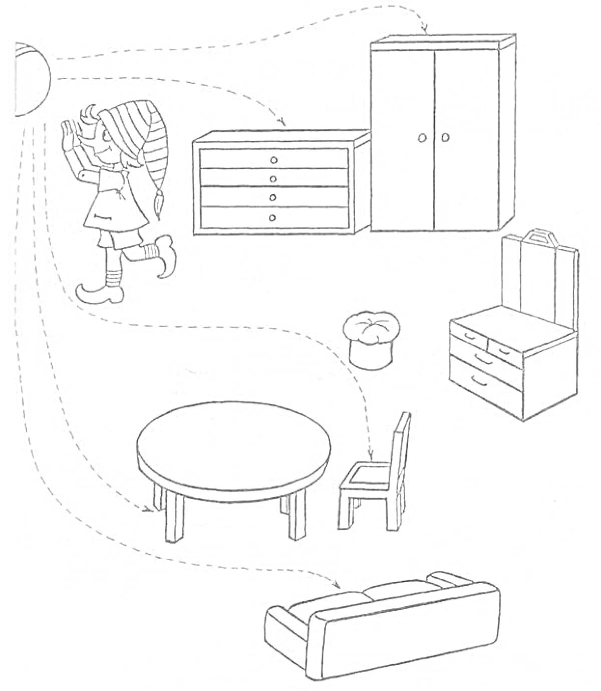 Раскраска Мебель для дошкольников - шкаф, комод, круглый стол, стул, диван, детский пуф