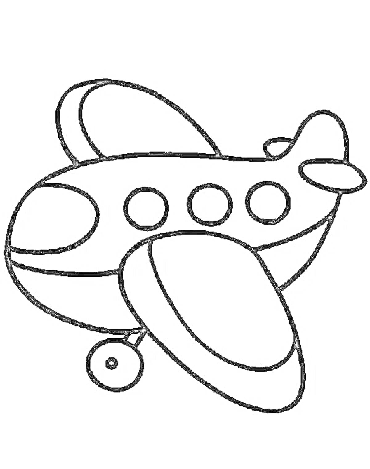 На раскраске изображено: Самолёт, Детский, Воздушное судно, Крылья, Иллюминаторы, Шасси, Транспорт, Летать