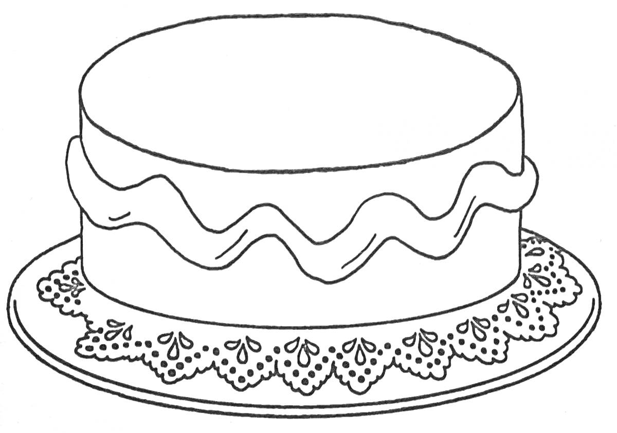 Раскраска Торт с волнистым декором и кружевной салфеткой