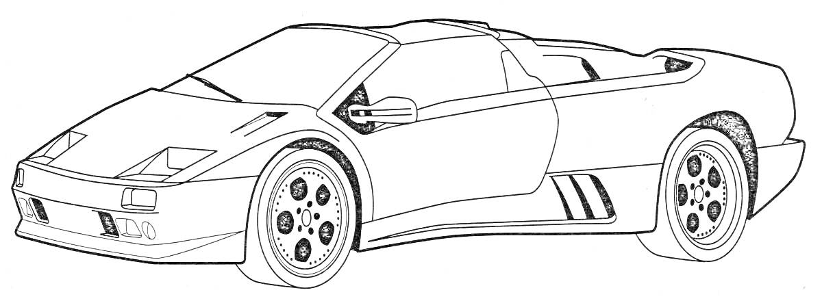 Раскраска Ламборджини с аэродинамическим кузовом, 6-ти спицевые диски, воздухозаборники на боках