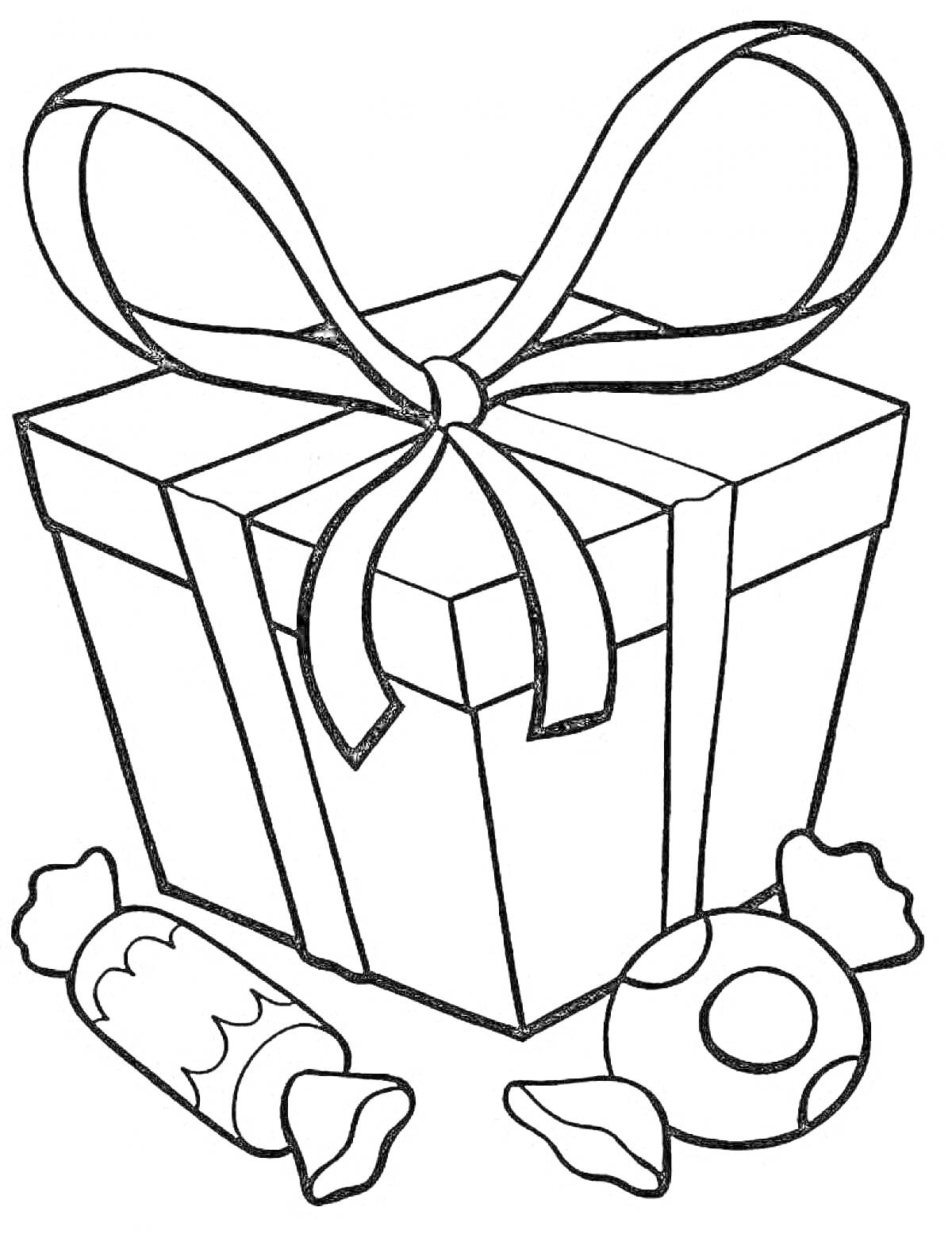 На раскраске изображено: Коробка, Конфеты, Сладости, Подарки, Детские, Лента