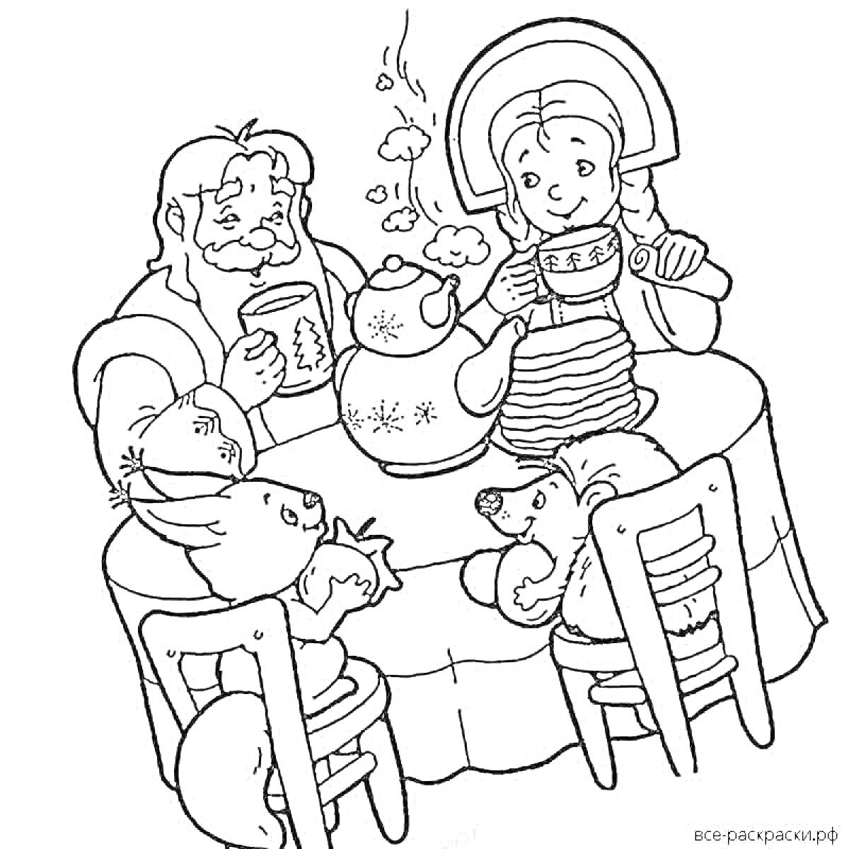 Раскраска Семья за чаепитием с самоваром и блинами на масленицу